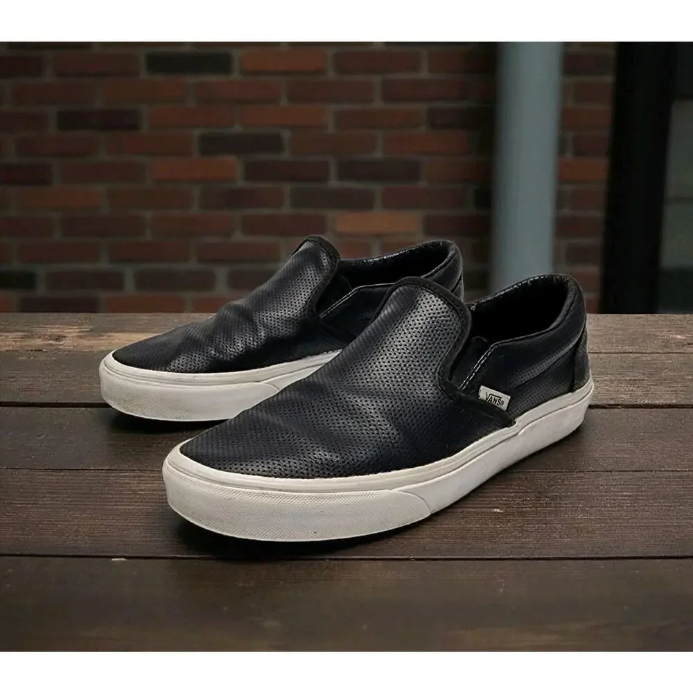 Vans Black Perforated Leather Flat Comfort Slip-On Sneakers Men's 8.5 Women's 10 - Picture 1 of 8